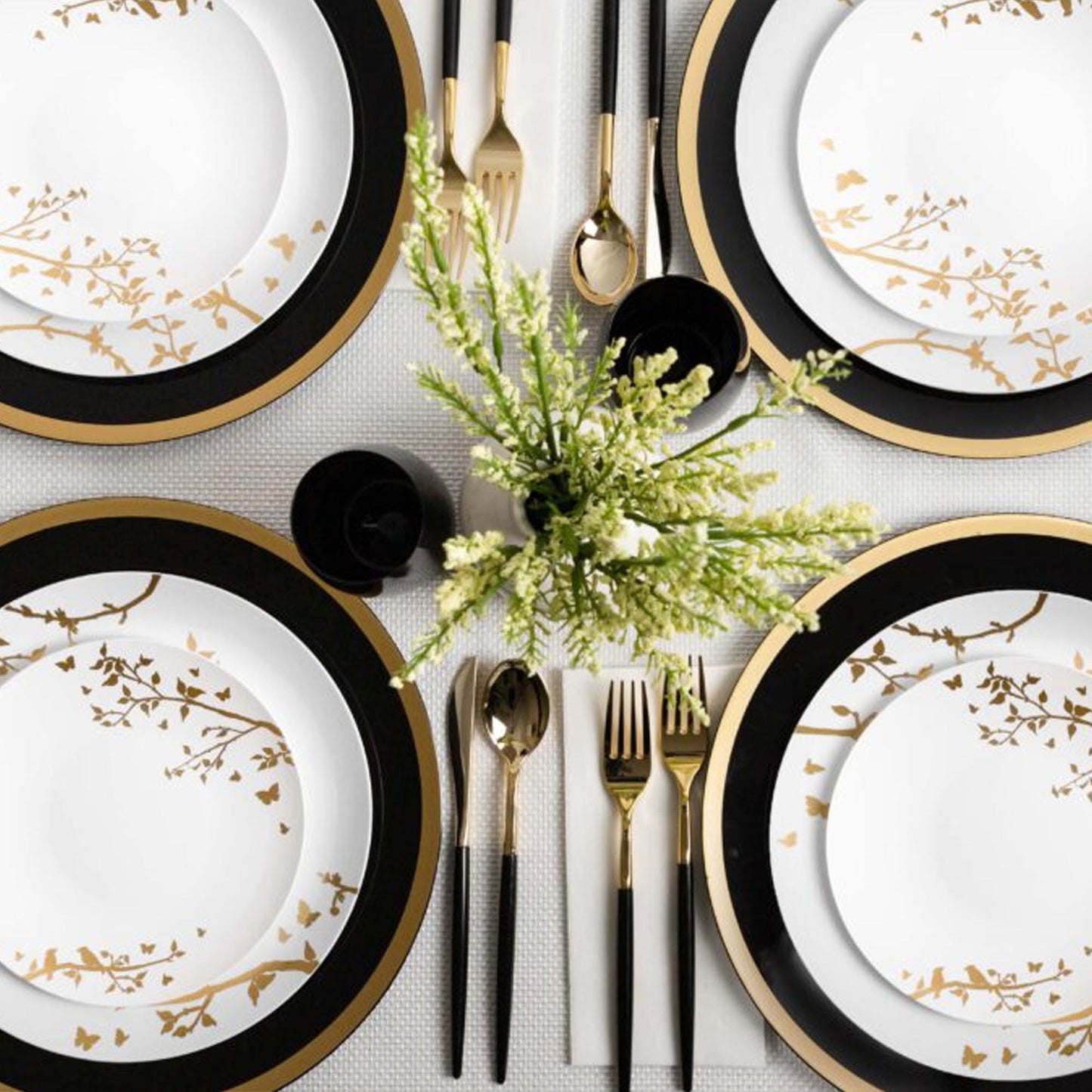 10" Disposable Fancy White Plastic Dinner Plates Gold Spring Collection