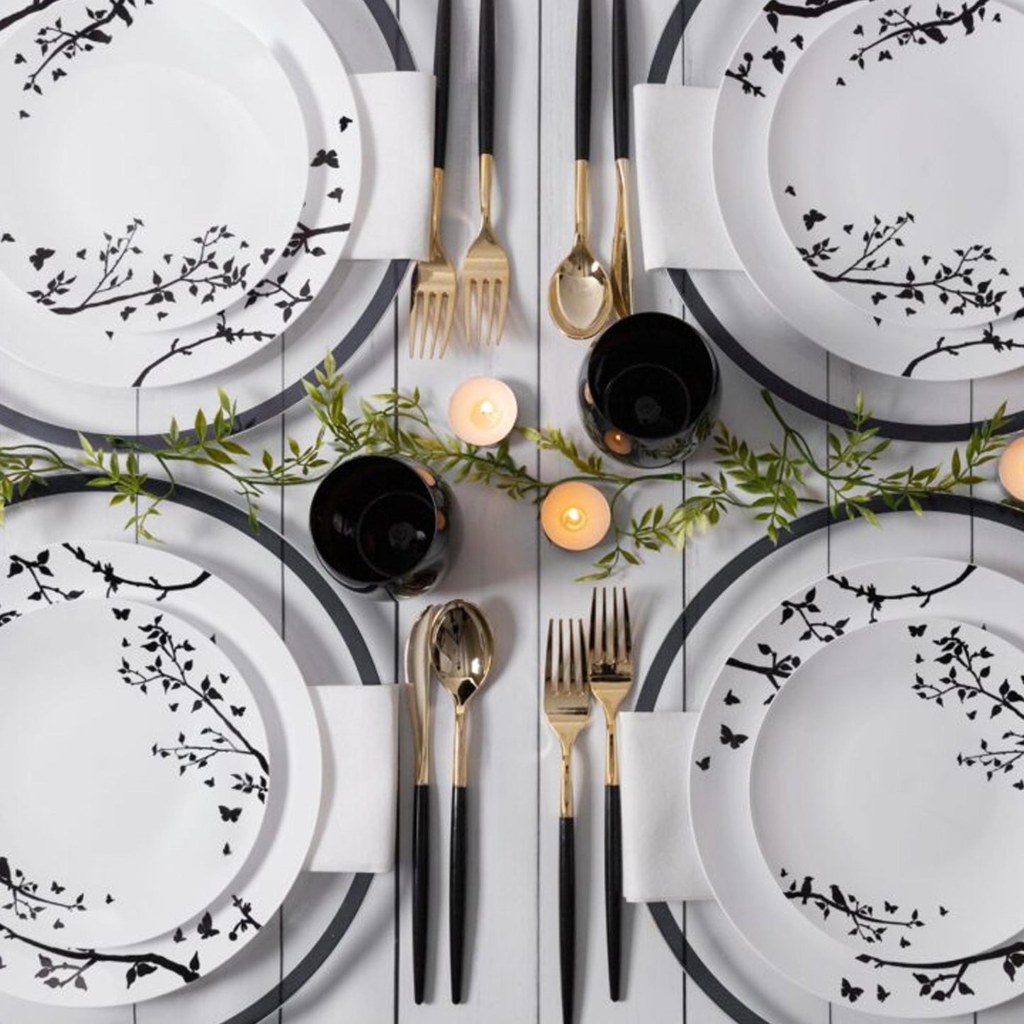 10" Disposable Fancy White Plastic Dinner Plates Black Spring Collection