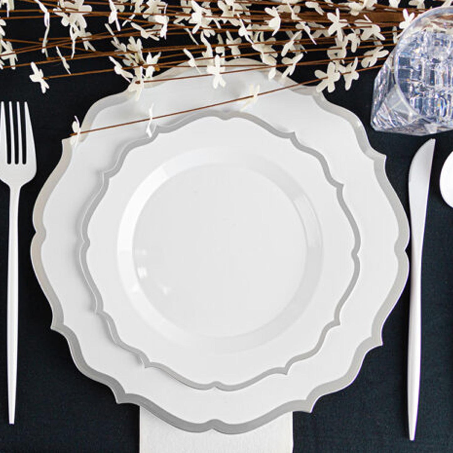 7.5" Disposable Fancy White Plastic Salad Plates Silver Rim Contemporary Collection