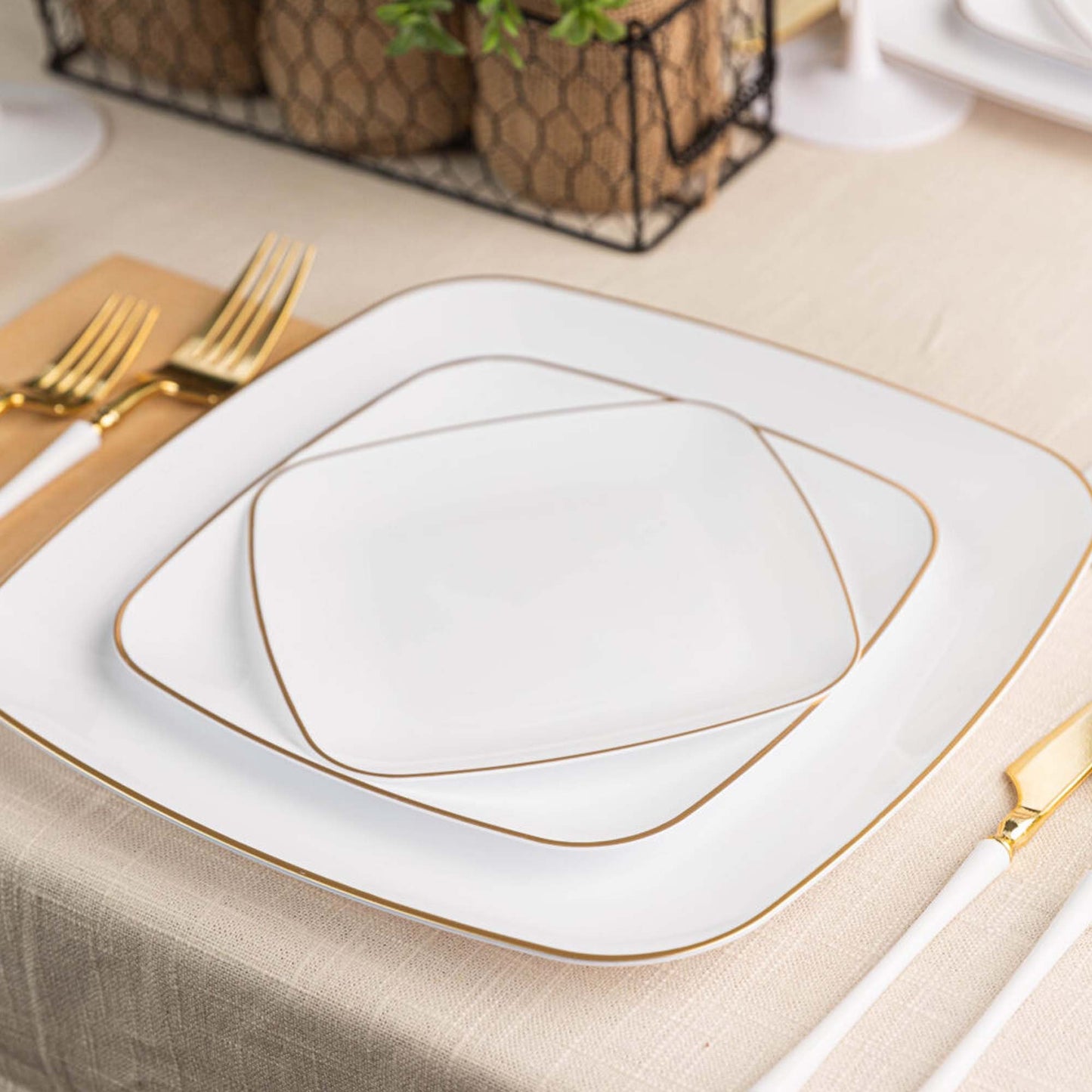 10" Disposable Fancy Square White Plastic Dinner Plates Gold Rim Organic Collection