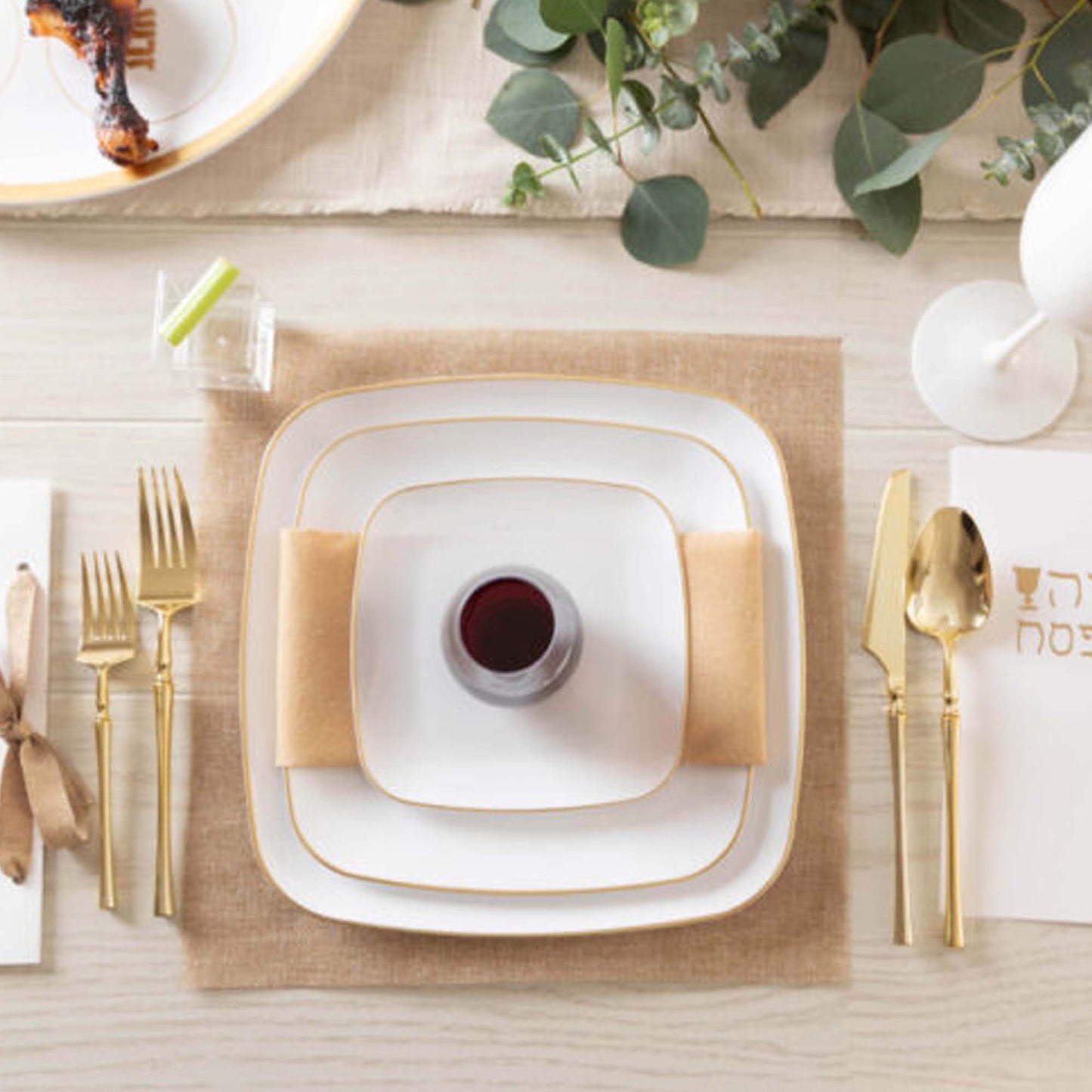 10" Disposable Fancy Square White Plastic Dinner Plates Gold Rim Organic Collection