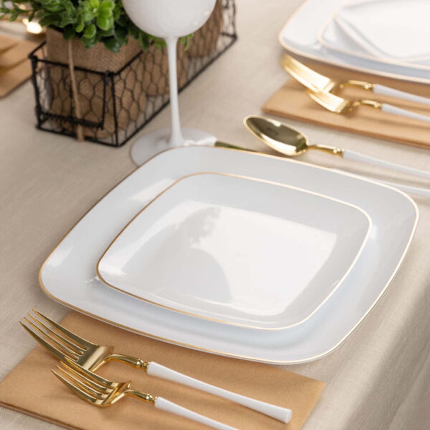 10" Disposable Fancy Square White Plastic Dinner Plates Gold Rim Organic Collection