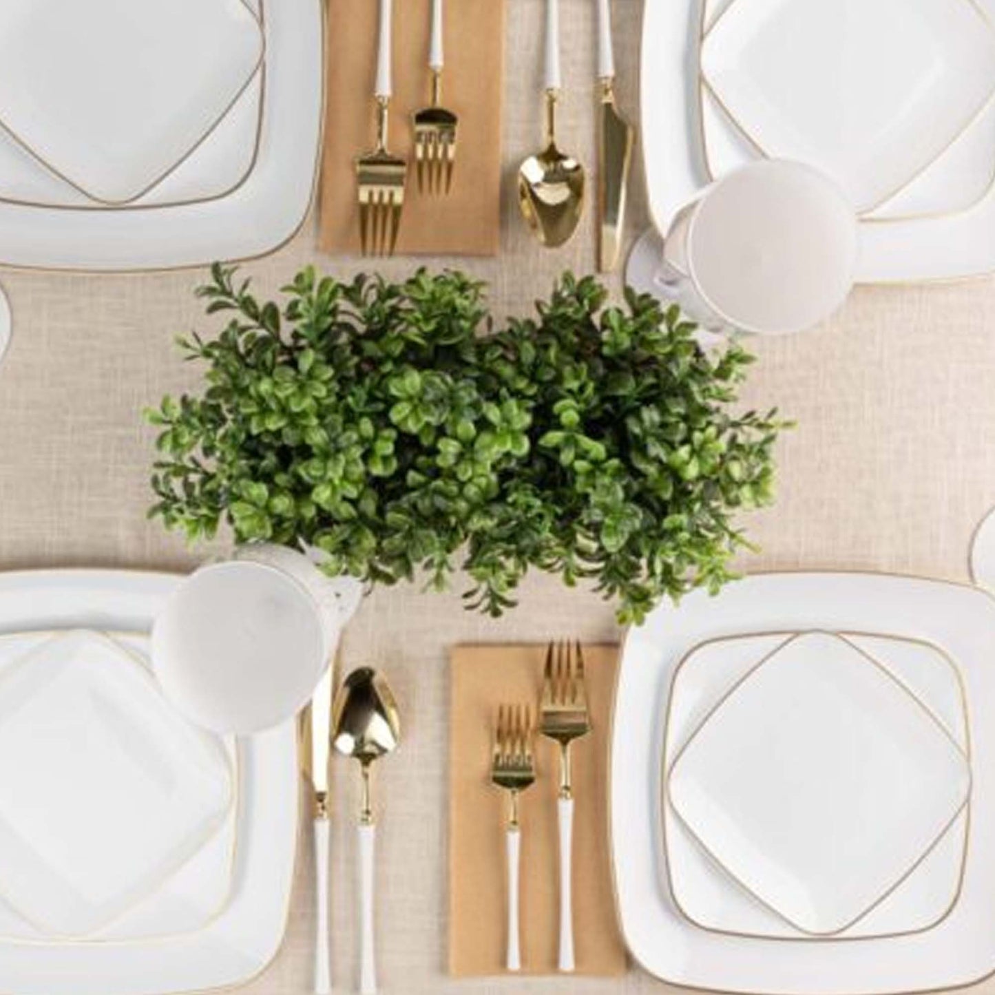 10" Disposable Fancy Square White Plastic Dinner Plates Gold Rim Organic Collection