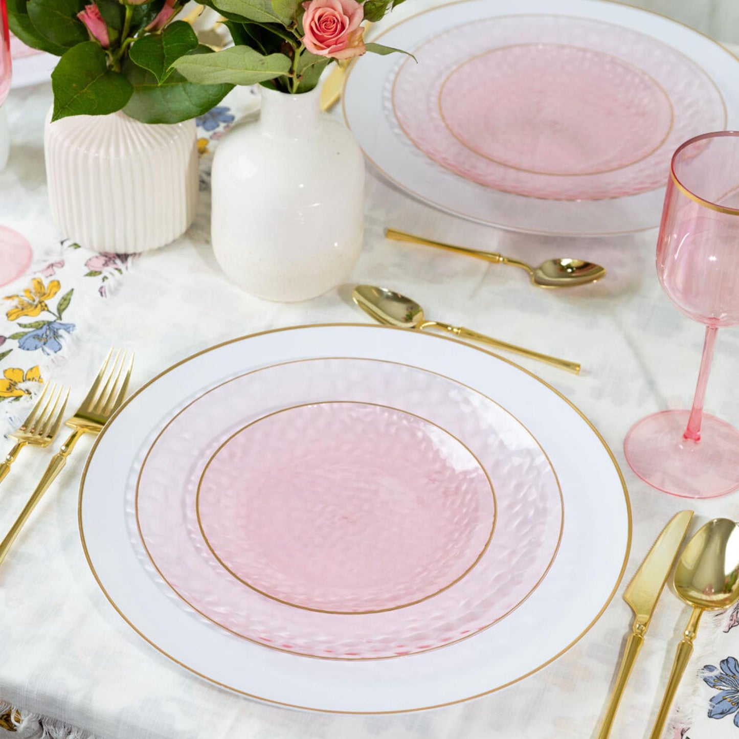 Plastic Hammered Pink Dinner Plates Gold Rim Combo Party Set