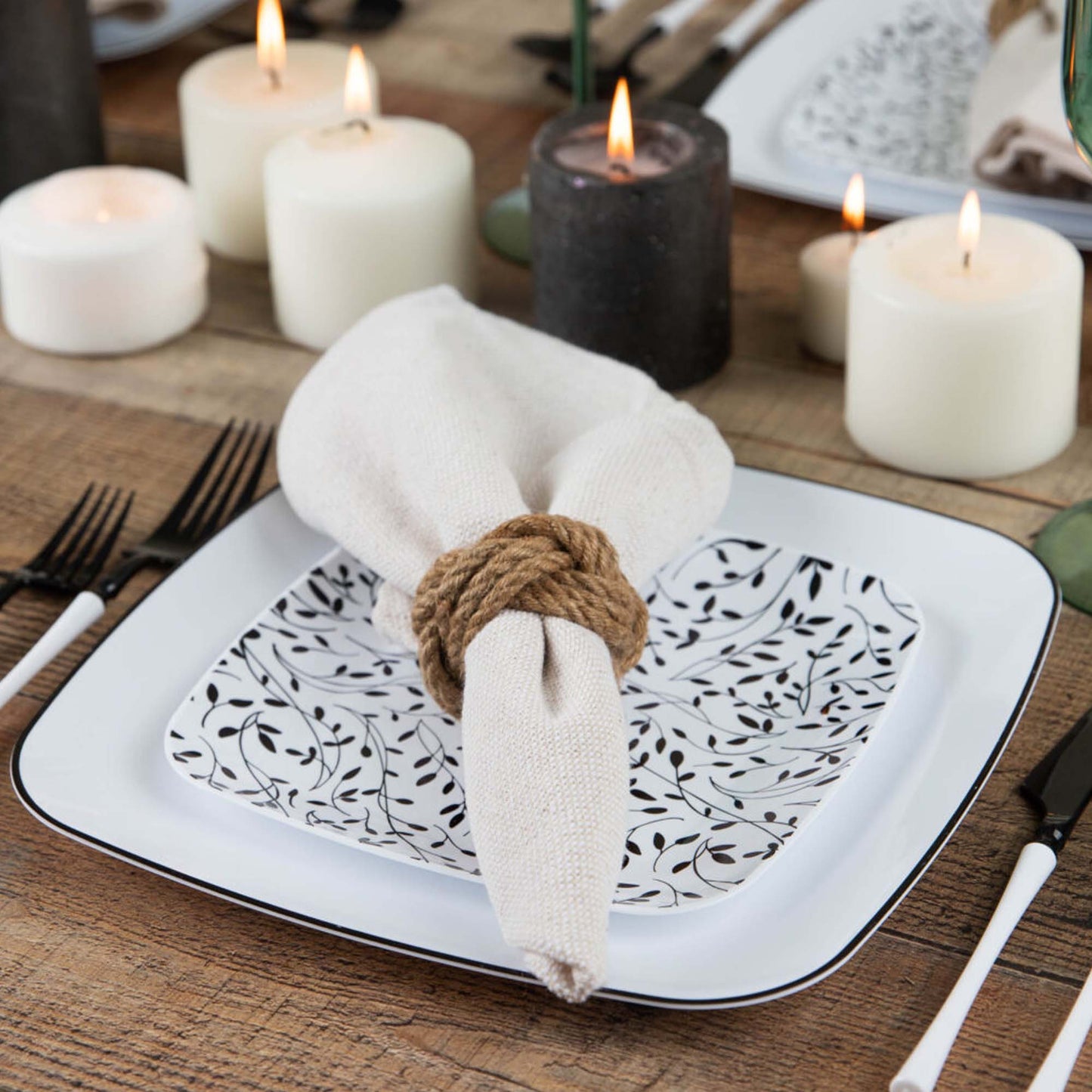 7.25" Disposable Fancy Square White Plastic Salad Plates Organic Black Leaf Collection