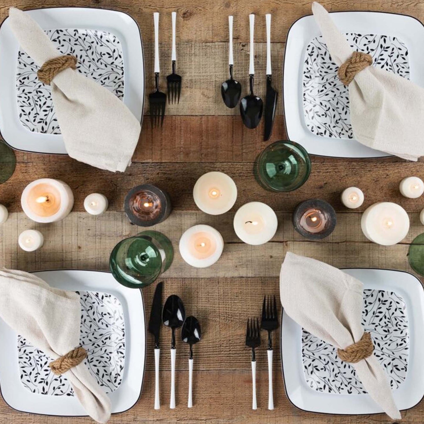 7.25" Disposable Fancy Square White Plastic Salad Plates Organic Black Leaf Collection