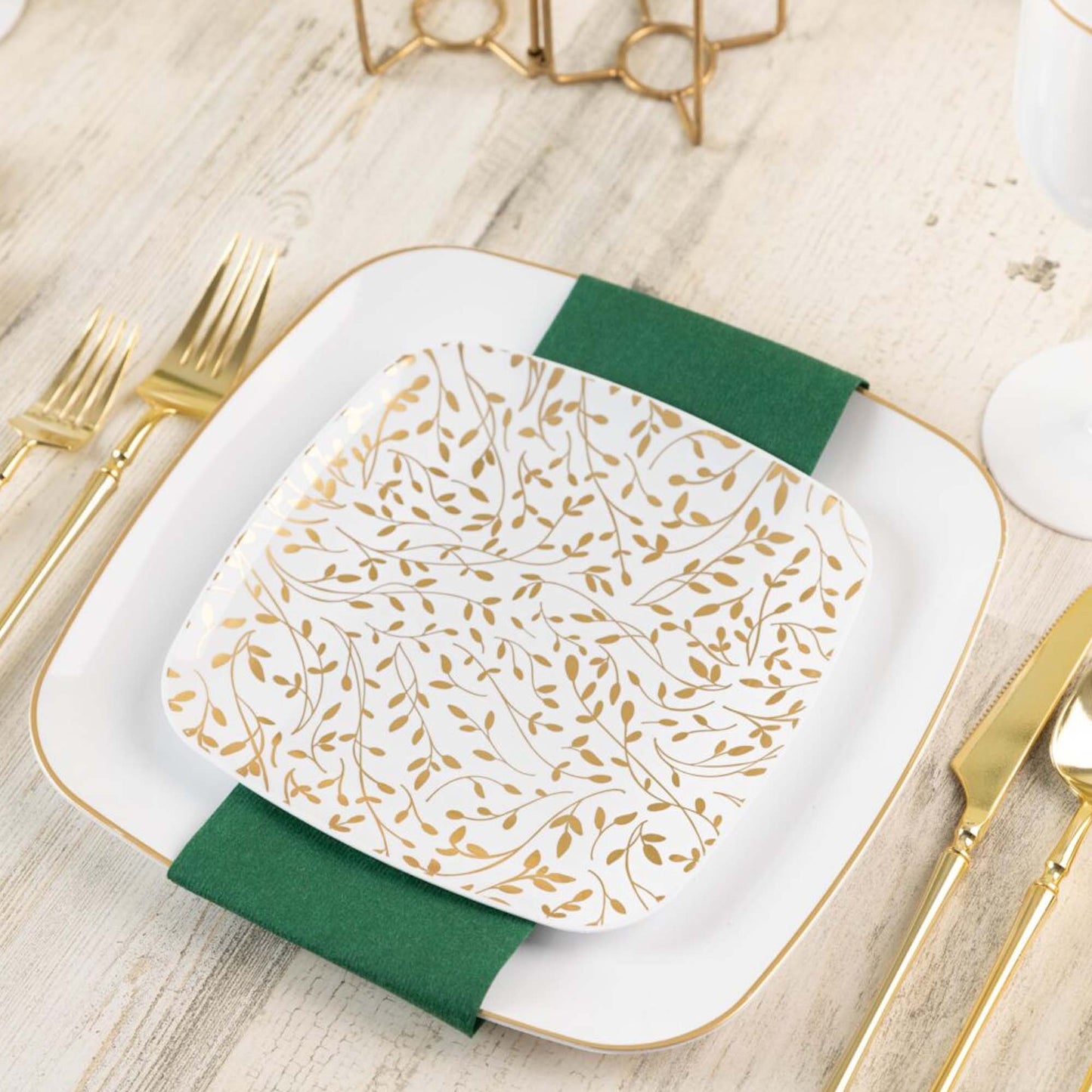 7.25" Disposable Fancy Square White Plastic Salad Plates Organic Gold Leaf Collection