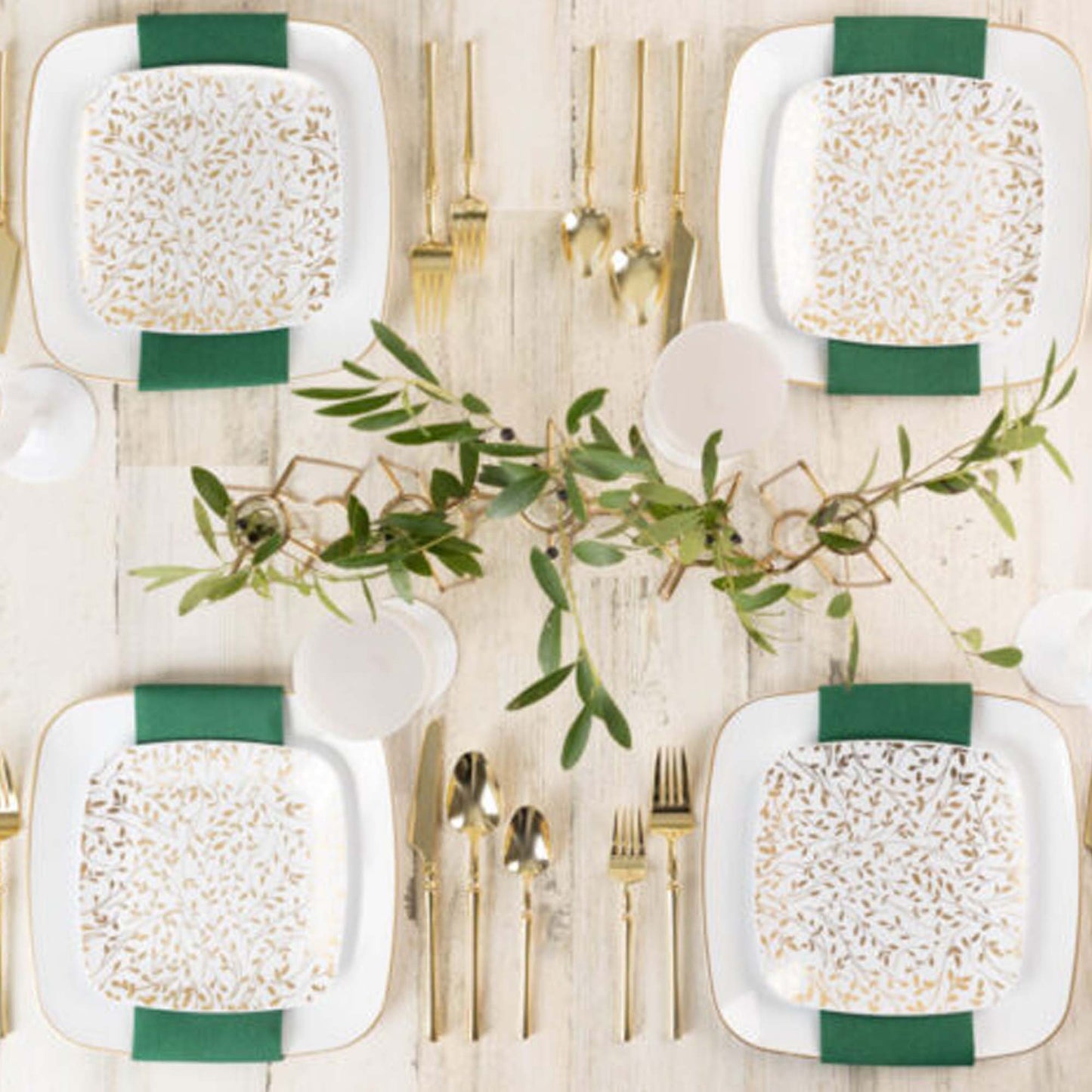 7.25" Disposable Fancy Square White Plastic Salad Plates Organic Gold Leaf Collection