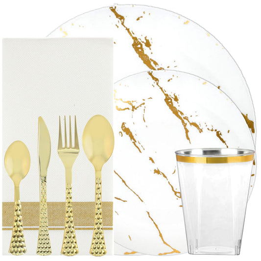 Plastic Tableware White Plates Gold Stroke Collection Dinner Party Set