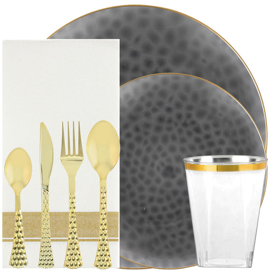 Plastic Tableware Black Plates Gold Rim Hammered Transparent Organic Collection Dinner Party Set