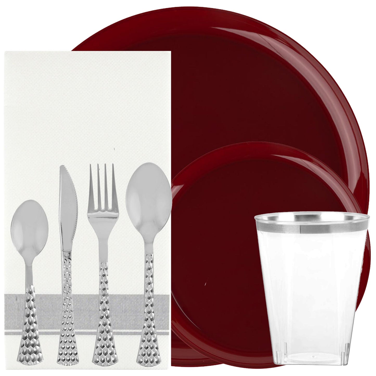 Plastic Tableware Cranberry Red Plates Edge Collection Dinner Party Set